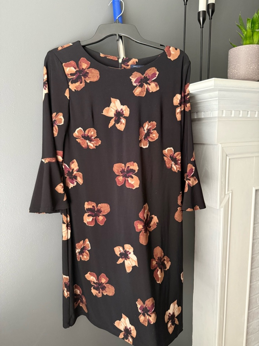 Black Floral Shift Dress with Bell Sleeves
